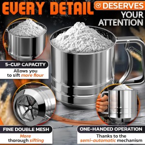 5 Cup Flour Sifter for Baking – Large Capacity Flour Sifter Stainless Steel with Double Mesh, Easy One-Hand Use & Dishwasher Safe – Baking Tools for Sifting Powdered Sugar, Cocoa & Easter Cookies