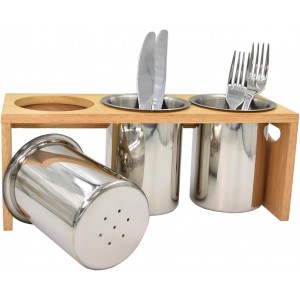 Flatware Caddy Stainless Steel Cutlery Holder with Wood Base, Containers for Kitchen Use