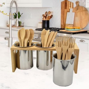 Flatware Caddy Stainless Steel Cutlery Holder with Wood Base, Containers for Kitchen Use