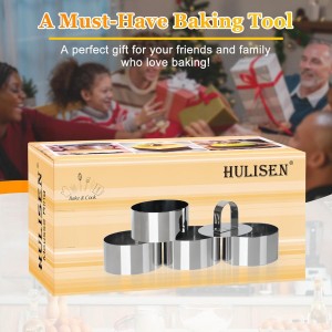 HULISEN Round Cake Ring Mold, Stainless Steel 3” Cooking Crumpet Rings with 1 Pusher & 4 Food Form, Tuna Tartare Mold for Pancake, Salad, Mousse