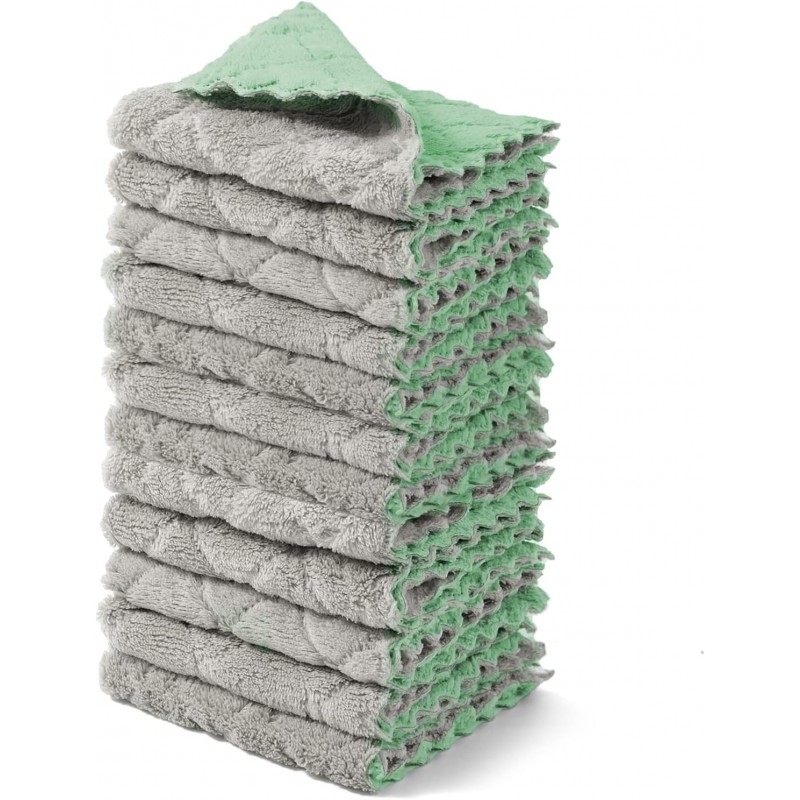 kimteny 12 Pack Dish Towels, 10x10 in Premium Dish Cloths, Super Absorbent Kitchen Towels Coral Velvet Dishcloths Nonstick Oil Fast Drying Washcloths (Green-Grey)