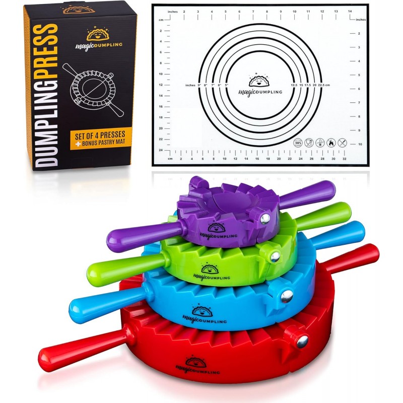 Magic Dumpling Maker Kit, Set of 4 - Mold Ravioli, Empanadas, Momos, Gyozas, Pot Stickers, Jamaican Beef Patties, Pierogi and Calzones - Wonton Dough Press and Pasta Making Tools