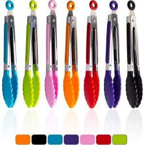 7 Pack Kitchen Tongs Set 7-Inch Color Mini Small Food Tongs with Stainless Steel Silicon Handles and Nylon Tips Heat Resistant Tongs for Cooking, Serving, BBQ, Grilling, Salad and More