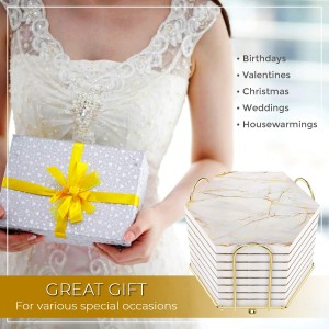 8-Piece Marble Ceramic Coaster Set | Super Absorbent for Hot & Cold Drinks | Cork Bottom Table Coasters