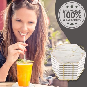 8-Piece Marble Ceramic Coaster Set | Super Absorbent for Hot & Cold Drinks | Cork Bottom Table Coasters