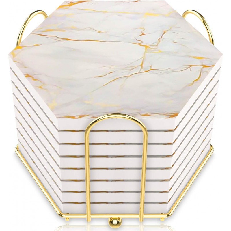 8-Piece Marble Ceramic Coaster Set | Super Absorbent for Hot & Cold Drinks | Cork Bottom Table Coasters