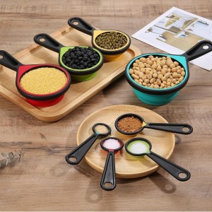 Collapsible Measuring Cups and Spoons Set, 8 Pieces, Silicone, Adjustable for Kitchen, Camping