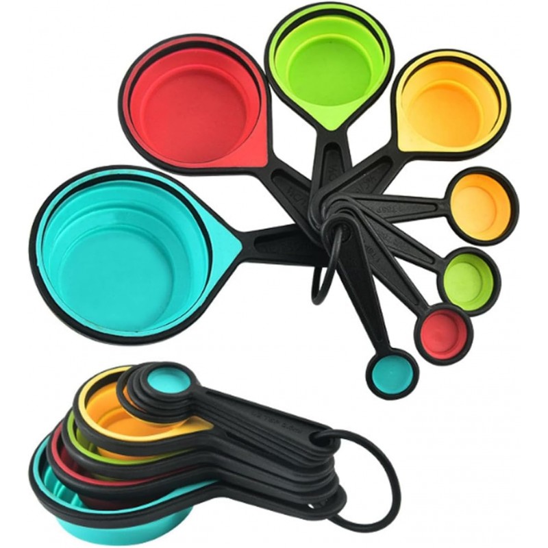 Collapsible Measuring Cups and Spoons Set, 8 Pieces, Silicone, Adjustable for Kitchen, Camping