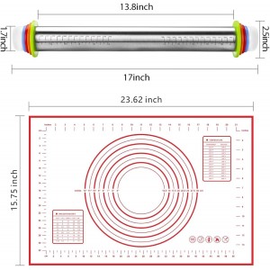 Stainless Steel Rolling Pin and Silicone Mat Set, Adjustable Thickness Rings - For Baking Dough, Pizza, Pies, Pastries, Pasta, Cookies