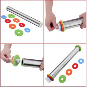 Stainless Steel Rolling Pin and Silicone Mat Set, Adjustable Thickness Rings - For Baking Dough, Pizza, Pies, Pastries, Pasta, Cookies