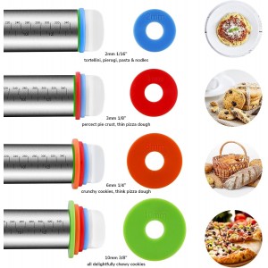 Stainless Steel Rolling Pin and Silicone Mat Set, Adjustable Thickness Rings - For Baking Dough, Pizza, Pies, Pastries, Pasta, Cookies