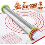 Stainless Steel Rolling Pin and Silicone Mat Set, Adjustable Thickness Rings - For Baking Dough, Pizza, Pies, Pastries, Pasta, Cookies