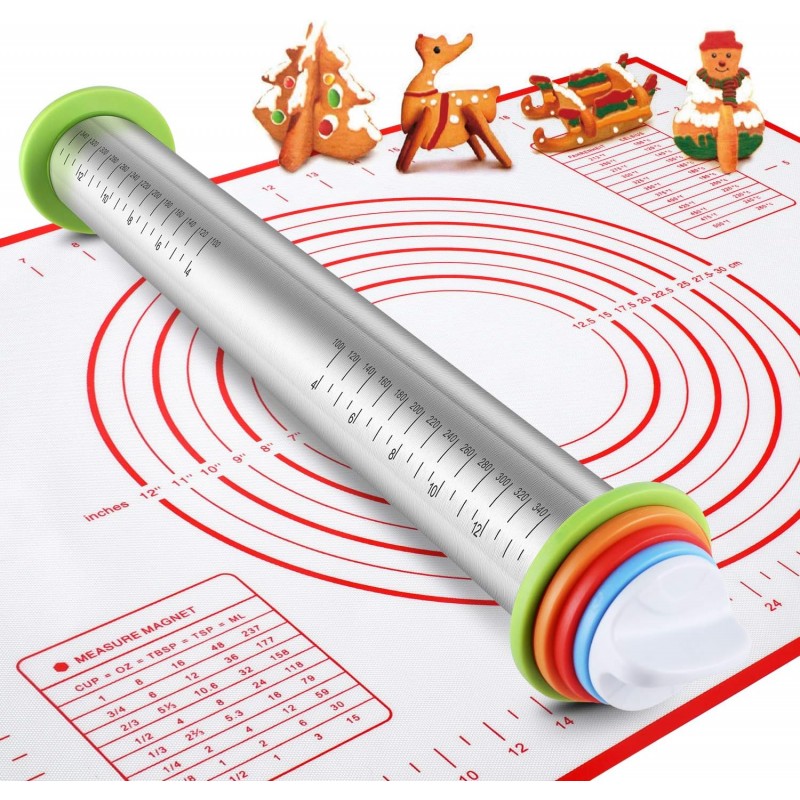 Stainless Steel Rolling Pin and Silicone Mat Set, Adjustable Thickness Rings - For Baking Dough, Pizza, Pies, Pastries, Pasta, Cookies