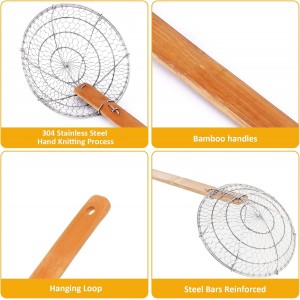 Stainless Steel Spider Strainer Asian Kitchen Wire Food Cooking Skimmer With Natural Bamboo Handle, 7-Inch, Hand-Made