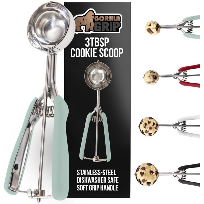 GORILLA GRIP BPA-Free 304 Stainless Steel Cookie Scoop, 3 TBSP Scooper #20, Soft Grip Handle, Easy Food Release, Create Even Portions, Multipurpose Kitchen Melon Baller, Meatball Spring Scoops, Mint