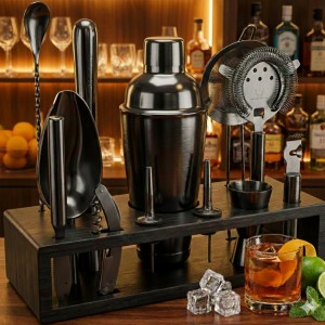 Highball & Chaser 13-Piece Cobbler Cocktail Shaker Set: Black Polished Stainless Steel Bartender Kit for Home Bar Set | Laser Engraved Tools Plus E-Book with 30 Recipes