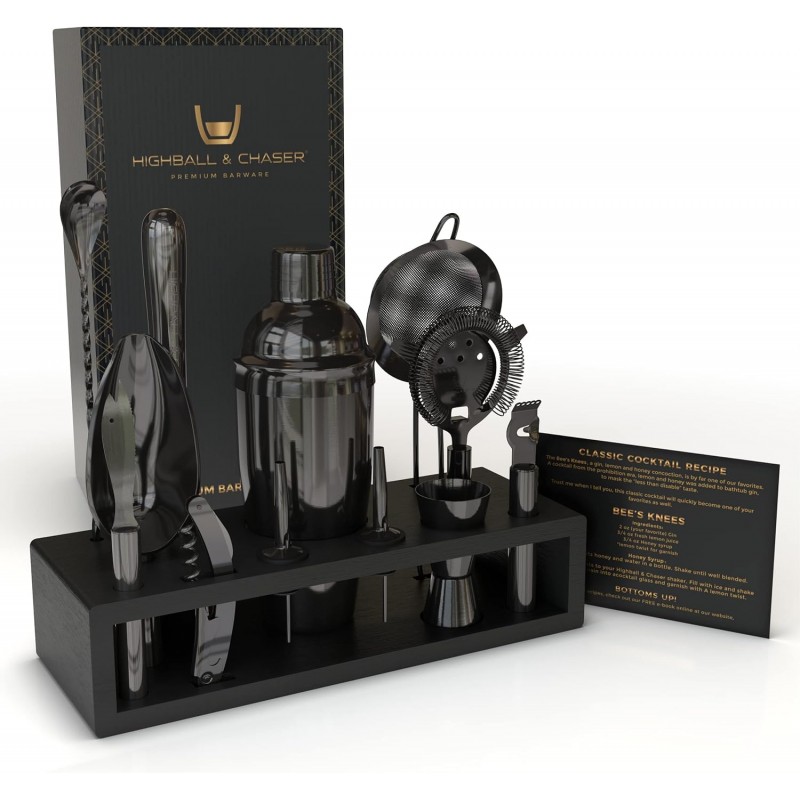 Highball & Chaser 13-Piece Cobbler Cocktail Shaker Set: Black Polished Stainless Steel Bartender Kit for Home Bar Set | Laser Engraved Tools Plus E-Book with 30 Recipes