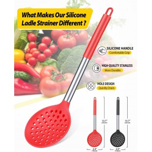 Kitchen Ladle Strainer Set of 2 Large Slotted Spoon with High Heat Resistant BPA Free Non Stick Cooking Skimmers For Draining and Frying (Black and Red)