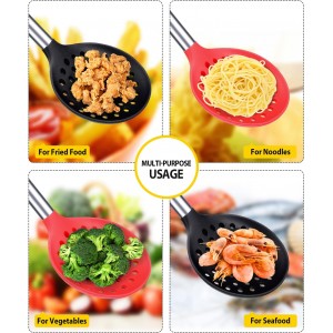 Kitchen Ladle Strainer Set of 2 Large Slotted Spoon with High Heat Resistant BPA Free Non Stick Cooking Skimmers For Draining and Frying (Black and Red)