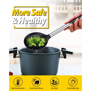 Kitchen Ladle Strainer Set of 2 Large Slotted Spoon with High Heat Resistant BPA Free Non Stick Cooking Skimmers For Draining and Frying (Black and Red)