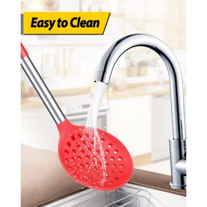 Kitchen Ladle Strainer Set of 2 Large Slotted Spoon with High Heat Resistant BPA Free Non Stick Cooking Skimmers For Draining and Frying (Black and Red)