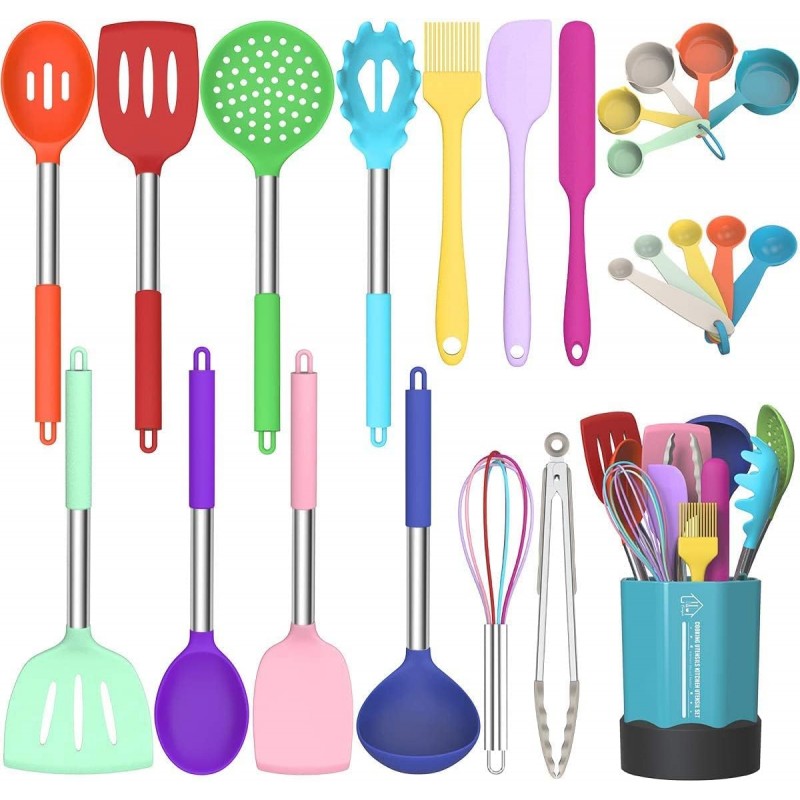 Silicone Cooking Utensil Set, Fungun Non-stick Kitchen Utensil 24 Pcs Cooking Utensils Set, Heat Resistant Cookware, Silicone Kitchen Tools Gift with Stainless Steel Handle (Colorful-24pcs)
