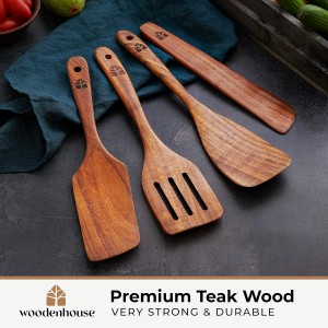 Wooden Spatula for Cooking - Natural Teak Wood Spatula for Non Stick Frying Pan - Wooden Cooking Utensils Set of 4 Including Paddle, Turner, Slotted Spurtle and Wood Scraper - Long Ergonomic Handles