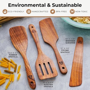 Wooden Spatula for Cooking - Natural Teak Wood Spatula for Non Stick Frying Pan - Wooden Cooking Utensils Set of 4 Including Paddle, Turner, Slotted Spurtle and Wood Scraper - Long Ergonomic Handles