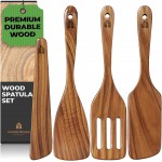 Wooden Spatula for Cooking - Natural Teak Wood Spatula for Non Stick Frying Pan - Wooden Cooking Utensils Set of 4 Including Paddle, Turner, Slotted Spurtle and Wood Scraper - Long Ergonomic Handles