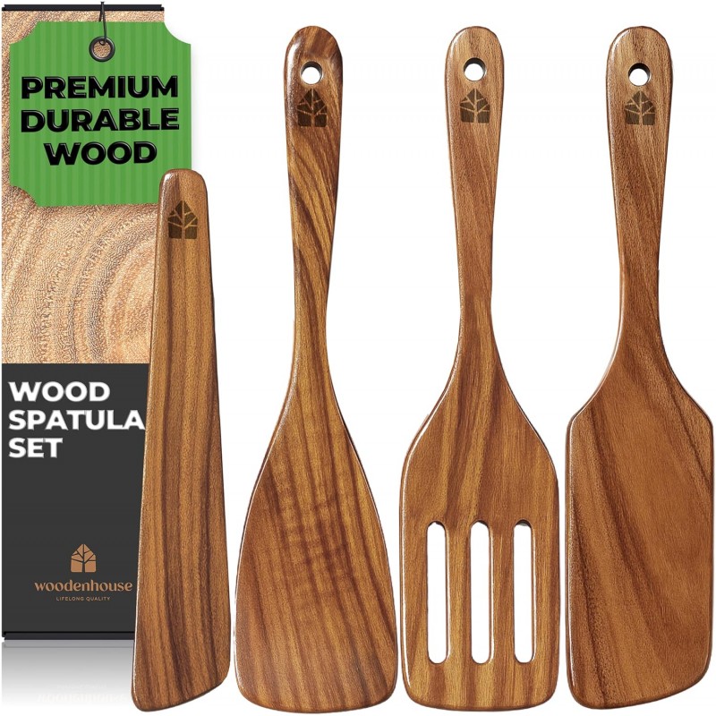 Wooden Spatula for Cooking - Natural Teak Wood Spatula for Non Stick Frying Pan - Wooden Cooking Utensils Set of 4 Including Paddle, Turner, Slotted Spurtle and Wood Scraper - Long Ergonomic Handles