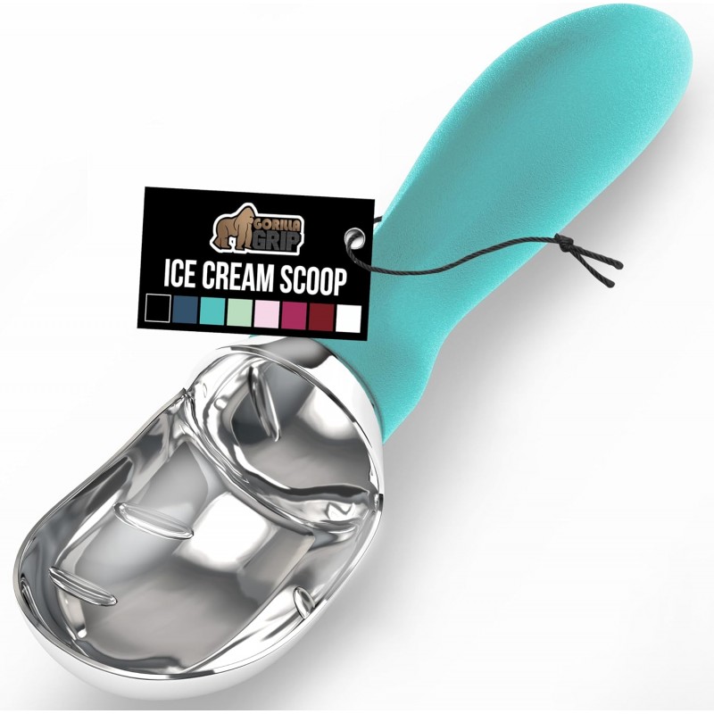 GORILLA GRIP BPA-Free Heavy Duty Ice Cream Scoop, Comfortable Ergonomic Handle, Professional Grade Scooper, Perfect Round Scoops, Spoon Frozen Hard Gelato Sorbet Cookie Dough, Kitchen Tool, Turquoise