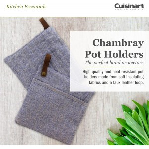 Cuisinart Chambray Pot Holders with Soft Insulated Pockets, 2pk - Heat Resistant Hot Pads, Trivets Protect Hands and Surfaces from Hot Kitchenware - Ideal Kitchen Set with Faux Leather Loop - Marine