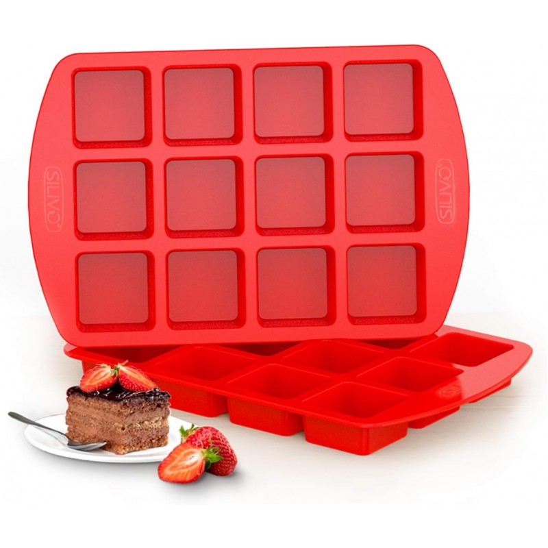 SILIVO Silicone Brownie Pan with Dividers - 2 Pack 12-Cavity Non-Stick Silicone Molds for Brownie Bites, Fudges and Minecraft Cakes
