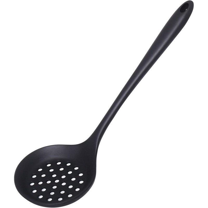 77L Slotted Spoon, Heatproof Skimmer Strainer Slotted Spoon, Seamless One-Piece Non-Stick Cooking Silicone Scoop Ladle with Ergonomic Handle for Filter Vegetable, Pasta and More (Black)
