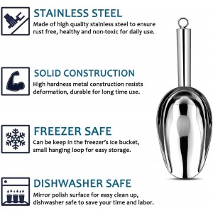 E-far 6 Ounce Ice Scoop Set of 2, Small Stainless Steel Scoops for Ice Cube/Candy/Flour/Sugar, Metal Utility Scoops for Canisters, Baking, Kitchen Pantry, Rust Free & Dishwasher Safe