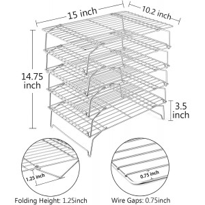 TeamFar Cooling Rack, 5-Tiers Stainless Steel Baking Cooling Wire Rack for Baking Roasting Cooking, Healthy & Firmly Weld, Stackable & Collapsible, Dishwasher Safe, 15”x10”
