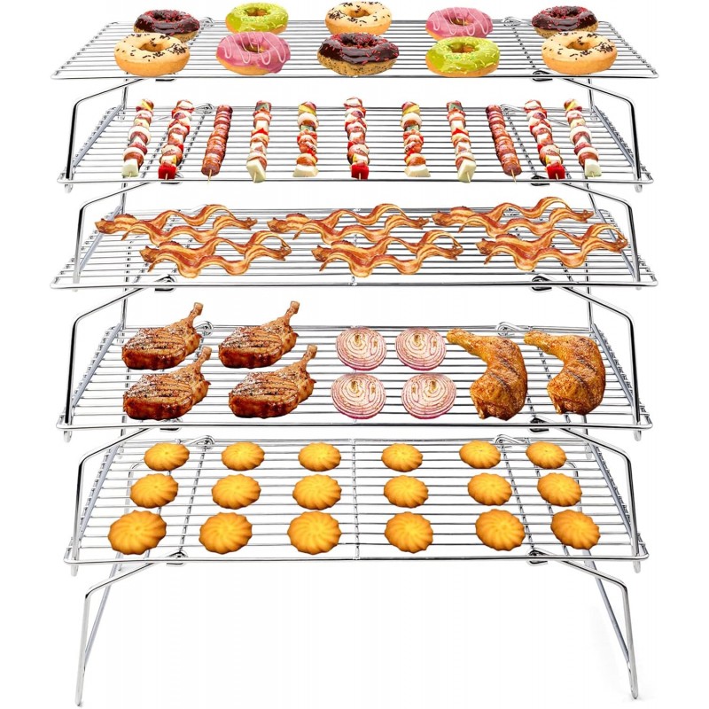 TeamFar Cooling Rack, 5-Tiers Stainless Steel Baking Cooling Wire Rack for Baking Roasting Cooking, Healthy & Firmly Weld, Stackable & Collapsible, Dishwasher Safe, 15”x10”