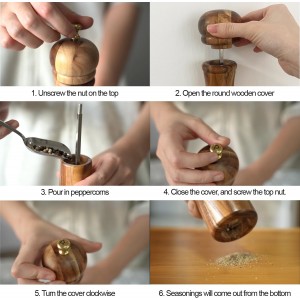 Pepper Mill, Pepper Grinder with Adjustable Stainless Steel Grinder, Acacia Wood, Height 30 cm / 12 inch