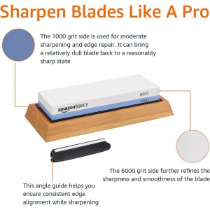 Amazon Basics Whetstone Knife Sharpening Stone, Double-Sided 1000/6000 Grit with Angle Guide, Non-Slip Bamboo Base, Black & Grey