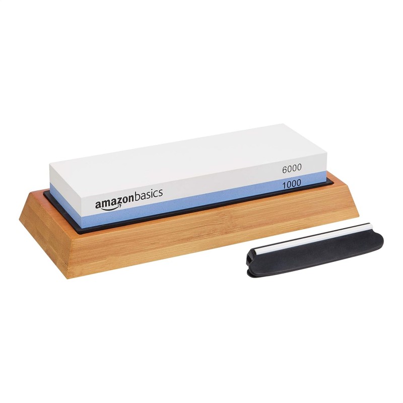 Amazon Basics Whetstone Knife Sharpening Stone, Double-Sided 1000/6000 Grit with Angle Guide, Non-Slip Bamboo Base, Black & Grey
