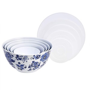 Amazon Basics Nesting Melamine Mixing Bowls with Lids and Non-Slip Base, Dishwasher Safe, Space Saving, 5 Sizes, Blue and White Floral, Set of 10