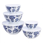 Amazon Basics Nesting Melamine Mixing Bowls with Lids and Non-Slip Base, Dishwasher Safe, Space Saving, 5 Sizes, Blue and White Floral, Set of 10