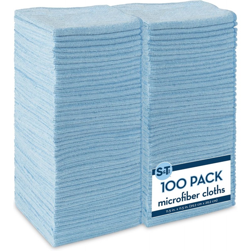 S&T INC. 100 Pack Microfiber Cleaning Cloth, Bulk Towels for Home, Reusable Microfiber Towels for Cars, Cleaning Rags, Light Blue, 11.5 Inches x 11.5 Inches, 100 Count