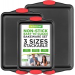 NutriChef 3-Piece Nonstick Kitchen Oven Baking Pans - Premium & Stylish Non-Stick Steel, Commercial Grade Restaurant Quality Metal Bakeware with Red Silicone Handles - Easy to Clean, NCSBS3S