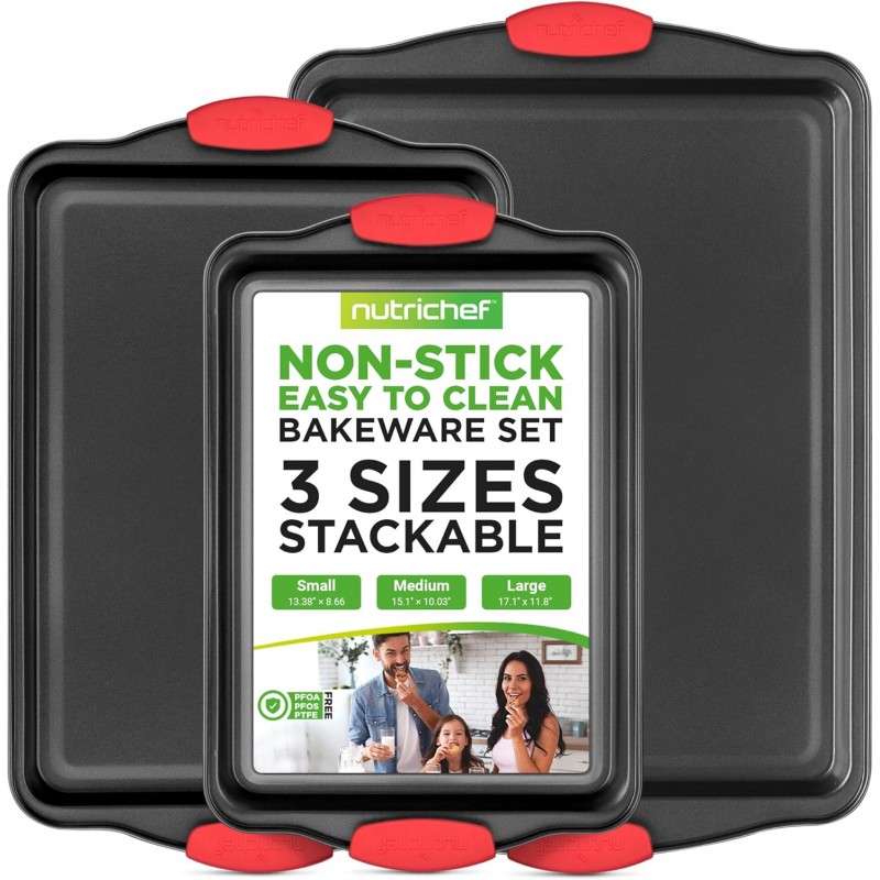 NutriChef 3-Piece Nonstick Kitchen Oven Baking Pans - Premium & Stylish Non-Stick Steel, Commercial Grade Restaurant Quality Metal Bakeware with Red Silicone Handles - Easy to Clean, NCSBS3S