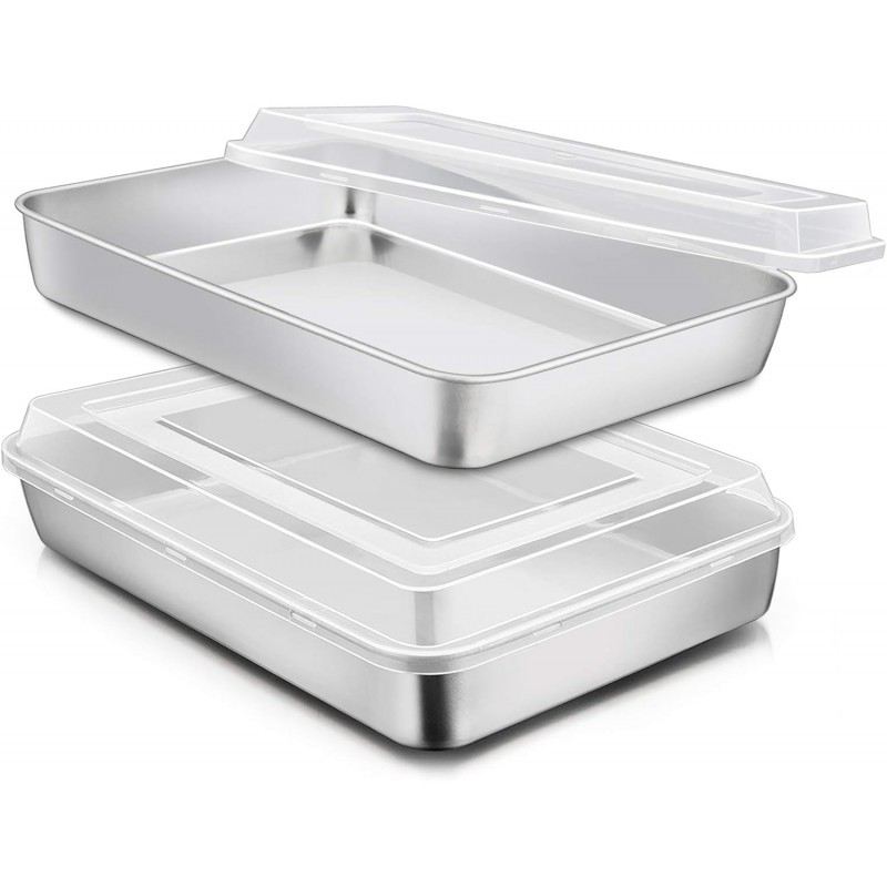 E-far Stainless Steel Baking Pan with Lid, 12⅓ x 9¾ x 2 Inch Rectangle Sheet Cake Pans with Covers Bakeware for Cakes Brownies Casseroles, Non-toxic & Healthy, Heavy Duty & Dishwasher Safe - Set of 2