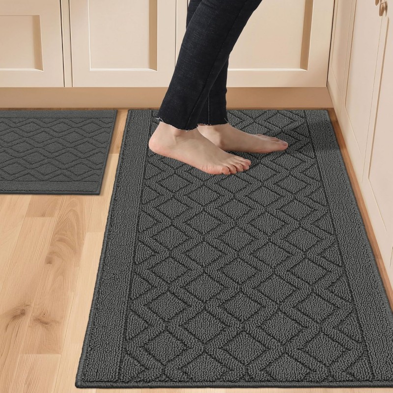 COSY HOMEER 48x20 Inch/30X20 Inch Kitchen Rug Mats Made of 100% Polypropylene 2 Pieces Soft Kitchen Mat Specialized in Anti Slippery and Machine Washable (Grey)