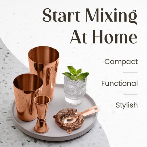 Mixology & Craft Cocktail Shaker Set Boston Shaker, Strainer and Japanese Jigger, Portable Bar Set for Home Bartending (Copper)