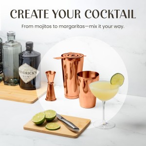 Mixology & Craft Cocktail Shaker Set Boston Shaker, Strainer and Japanese Jigger, Portable Bar Set for Home Bartending (Copper)
