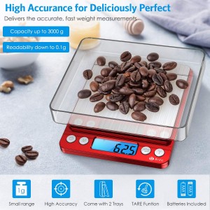 Digital Kitchen Scale, 3000g Pocket Cooking Scale with 0.1g Accuracy, Mini Food Scale, Pro Electronic Jewelry Scale with Back-Lit LCD Display, Tare & PCS Functions (Red, Batteries Included)